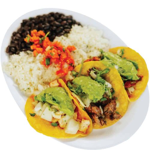 Delicious fish tacos with rice, beans, and fresh toppings at Wahoo's.